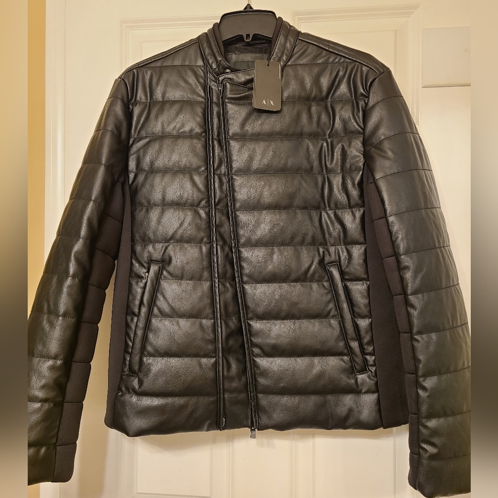 Armani Exchange Men's Faux Leather Moto Puffer, Black, Medium